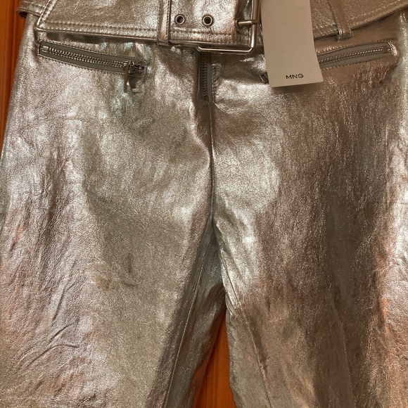NWT Mango Belted Metallic Silver Pants/Jeans Sz 2 - Picture 2 of 4